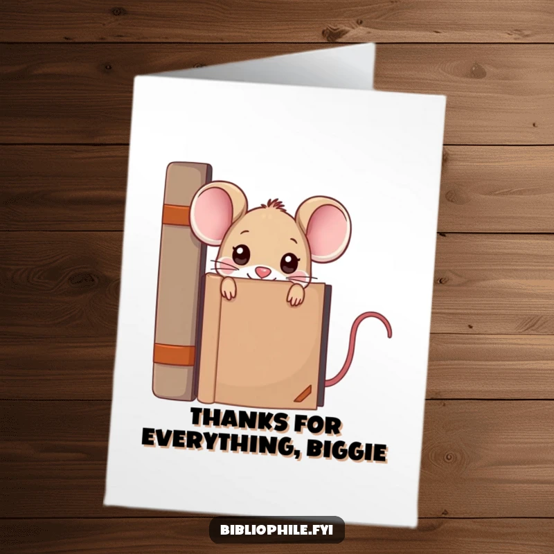 Thoughtful free printable thank you card featuring a kawaii mouse peeking from an encyclopedia, conveying gratitude with wisdom.