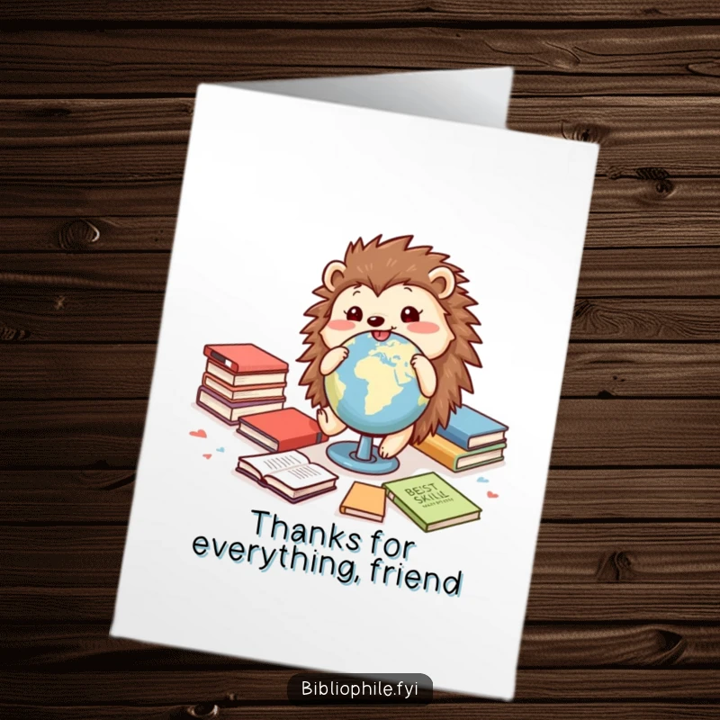 Funny Free Printable Thank You Card: Hedgehog rolling a globe, surrounded by books, sending thanks.