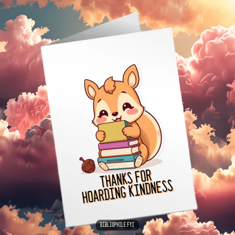 Sweet free printable thank you card showcasing a happy kawaii squirrel hoarding books, a unique gift for thanking a fellow reader.