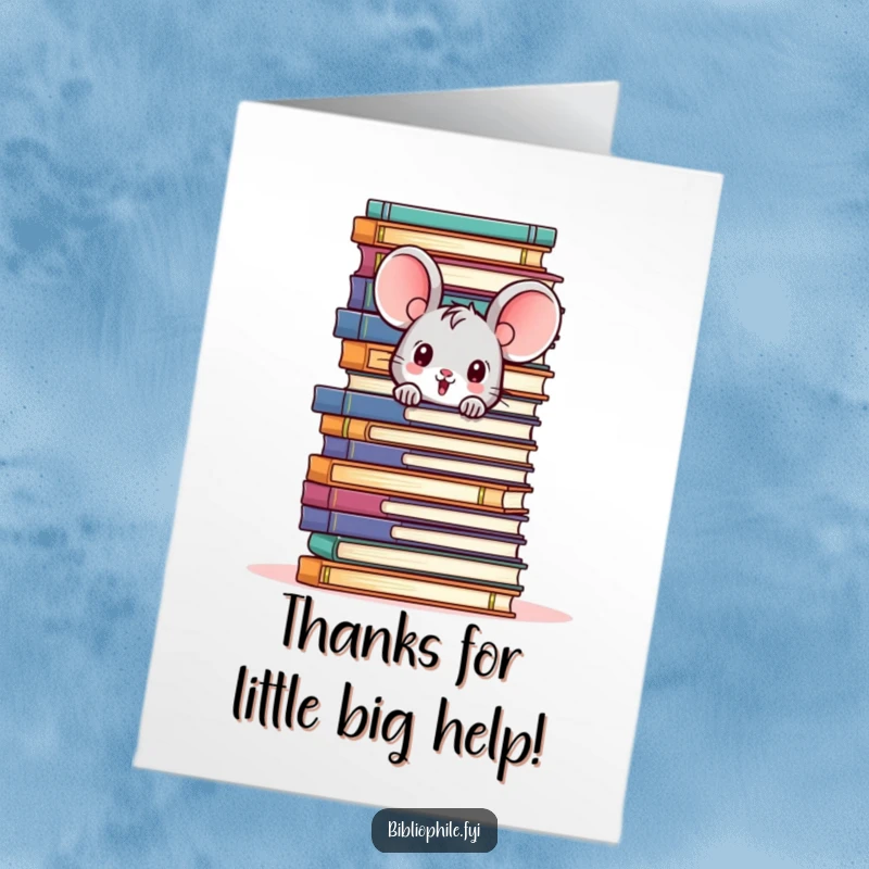 Funny Free Printable Thank You Card showing a cute mouse peeking from behind a stack of books, conveying deep thanks.