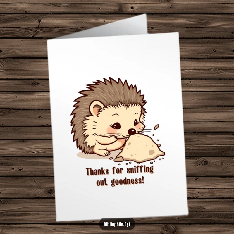 Funny Free Printable Thank You Card: A curious hedgehog with a tiny nose sniffing a large, dusty tome, offering thanks gently.