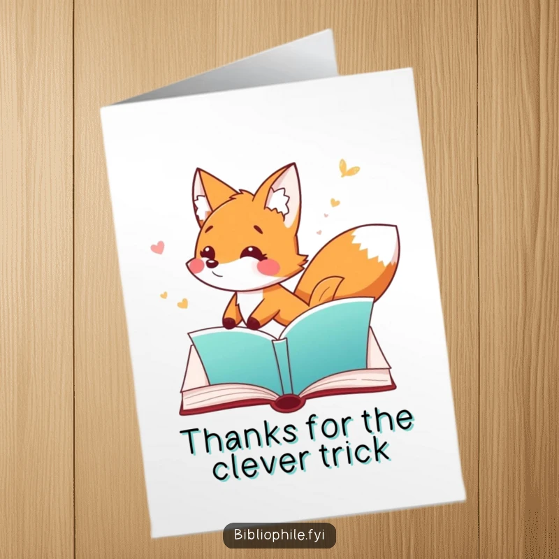 Funny Free Printable Thank You Card: A playful fox chasing a bookmark, expressing thanks in a fun way. Downloadable art.