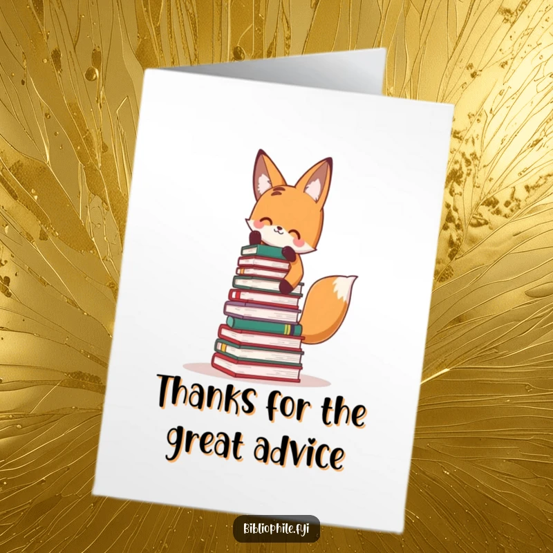 Funny Free Printable Thank You Card: Cute fox character focused on building a tall book tower, a quirky thank you.