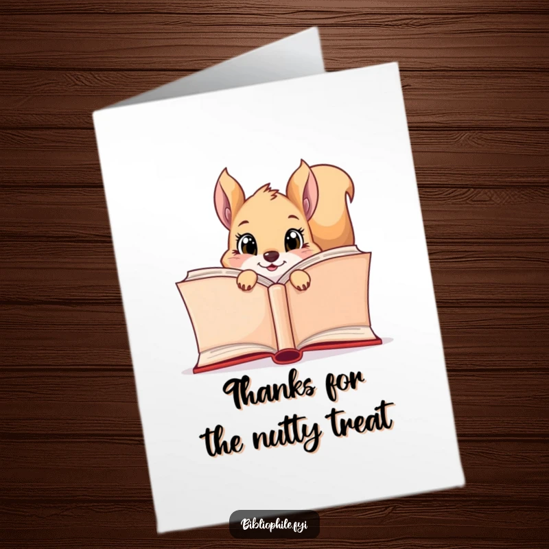 Funny Free Printable Thank You Card: A curious squirrel's bright eyes peek out from behind a giant open book.