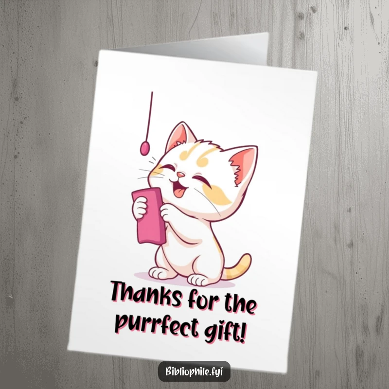 Funny Free Printable Thank You Card: A playful kitten batting at a bookmark, expressing thanks with cute mischief.