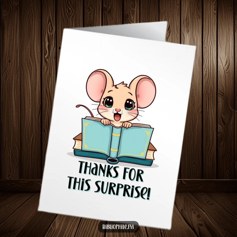 Funny Free Printable Thank You Card: A startled mouse pops out of a book, conveying thanks with a surprising and cute gesture.