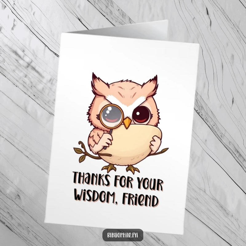 Funny free printable thank you card: A tiny owl with a monocle is engrossed in reading, expressing thanks with intellect.