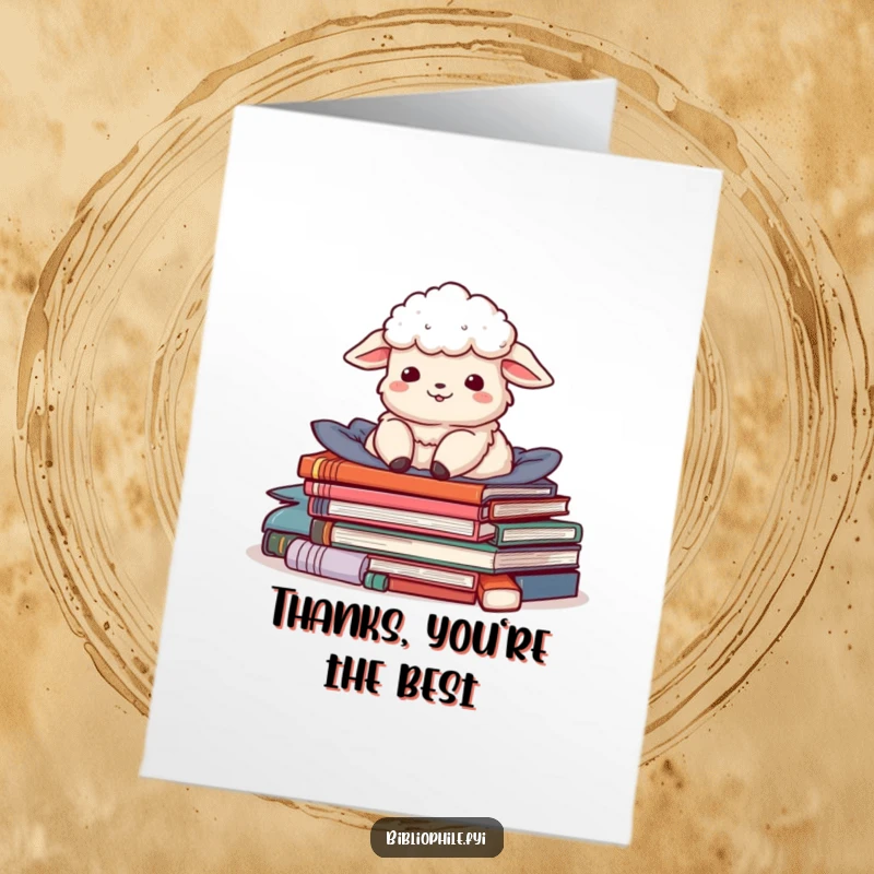 Funny Free Printable Thank You Card: A delighted sheep finds comfort in a pile of stories, expressing heartfelt thanks.