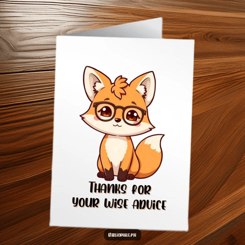 Funny Free Printable Thank You Card: Intelligent fox adjusting spectacles, conveying a humorous and heartfelt thank you.