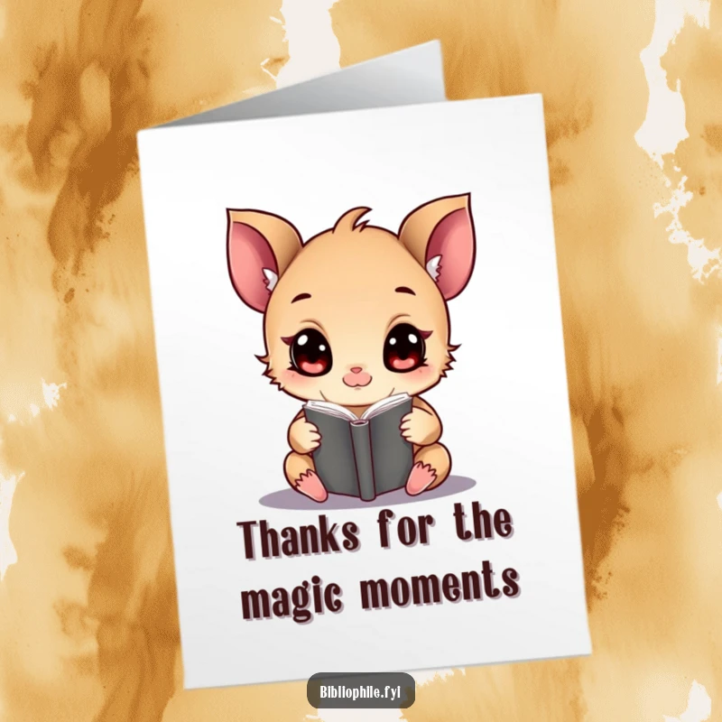 Funny Free Printable Thank You Card: A wide-eyed tiny creature deeply engrossed in a magical book, conveying thanks.