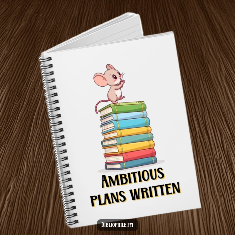 Funny notebook featuring a determined mouse climbing a stack of books, ideal for journaling goals and ambitious plans.
