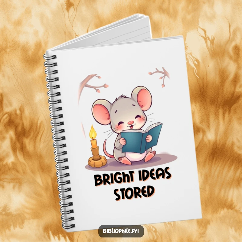 Funny notebook with a happy mouse reading a book by candlelight, perfect for journaling and note-taking.