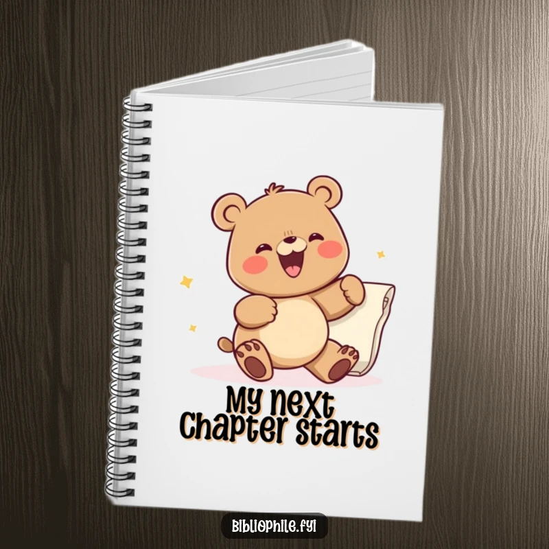 Funny notebook with a happy bear character eagerly turning a large page, inspiring creativity and capturing thoughts for writers and readers.