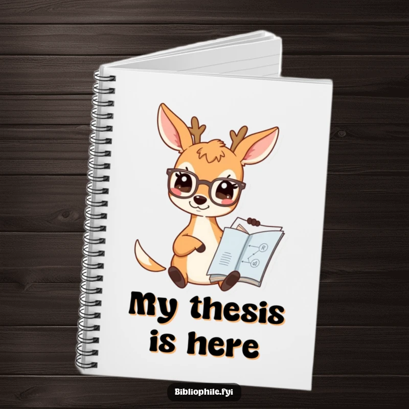 Funny Deer Notebook featuring a cute deer character wearing spectacles and pointing at a book diagram, perfect for jotting down ideas.