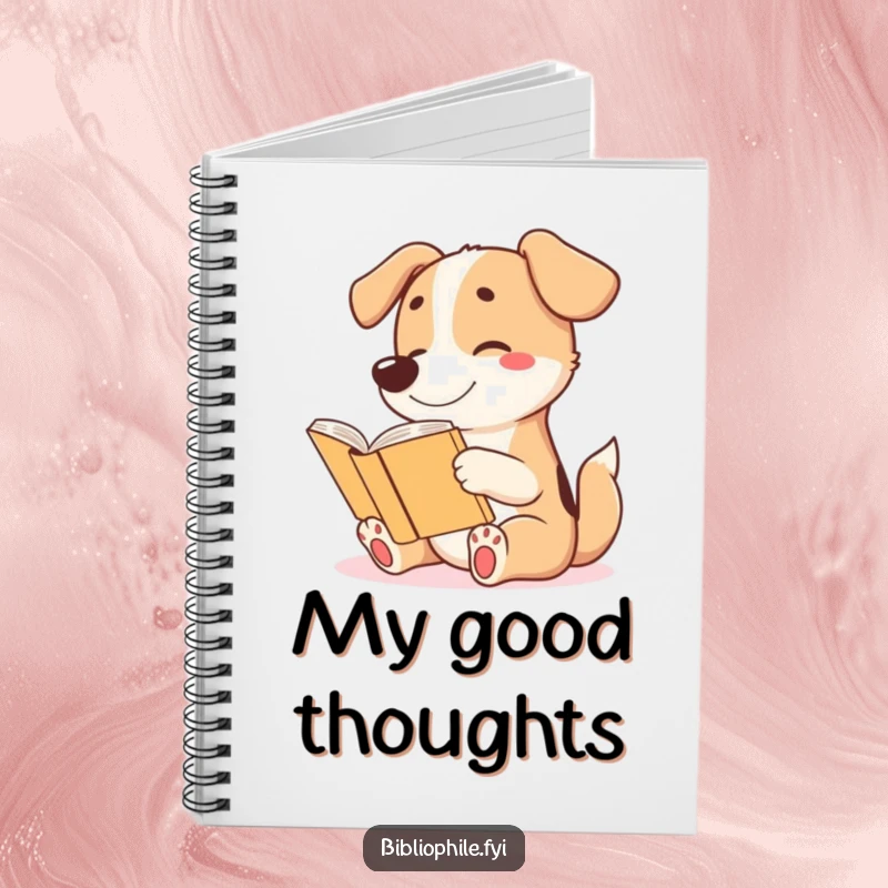 Funny notebook with a cute dog character wagging its tail excitedly while reading a story, perfect for journaling adventures.