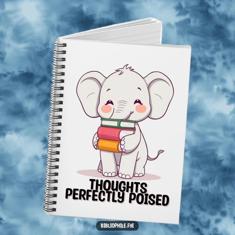 Funny notebook featuring a cheerful elephant balancing books on its trunk, ideal for journaling wisdom and thoughtful notes.