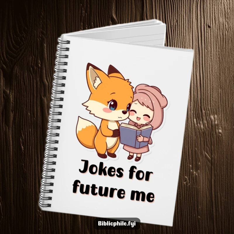 Funny fox and book friend notebook, a fox and book character sharing a joke, perfect for writing funny gift.
