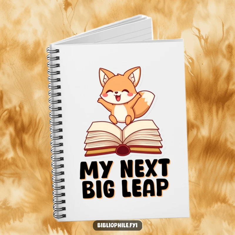 Funny fox notebook with a happy character leaping over a book, ideal for writing and creativity.
