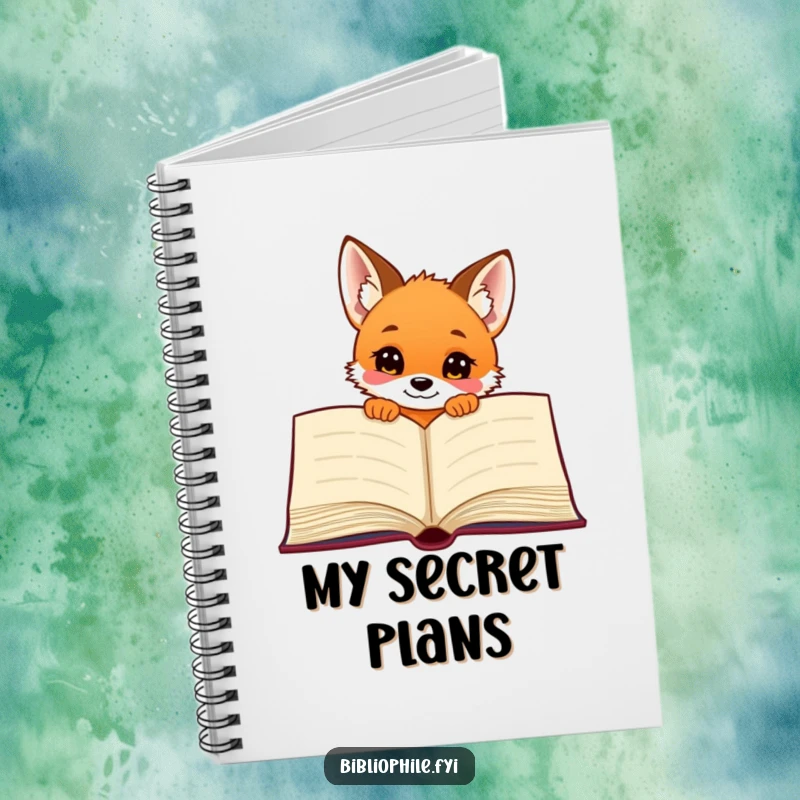 Funny curious fox puppy peeking from a large book, on the cover of a lined notebook.