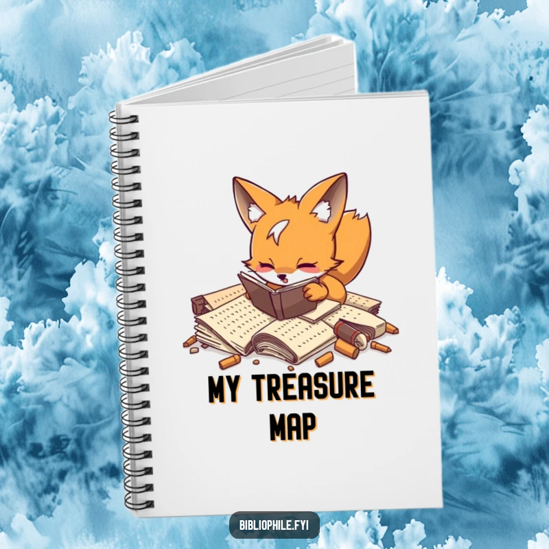 Playful fox enthusiastically digging through forgotten manuscripts on a notebook cover.