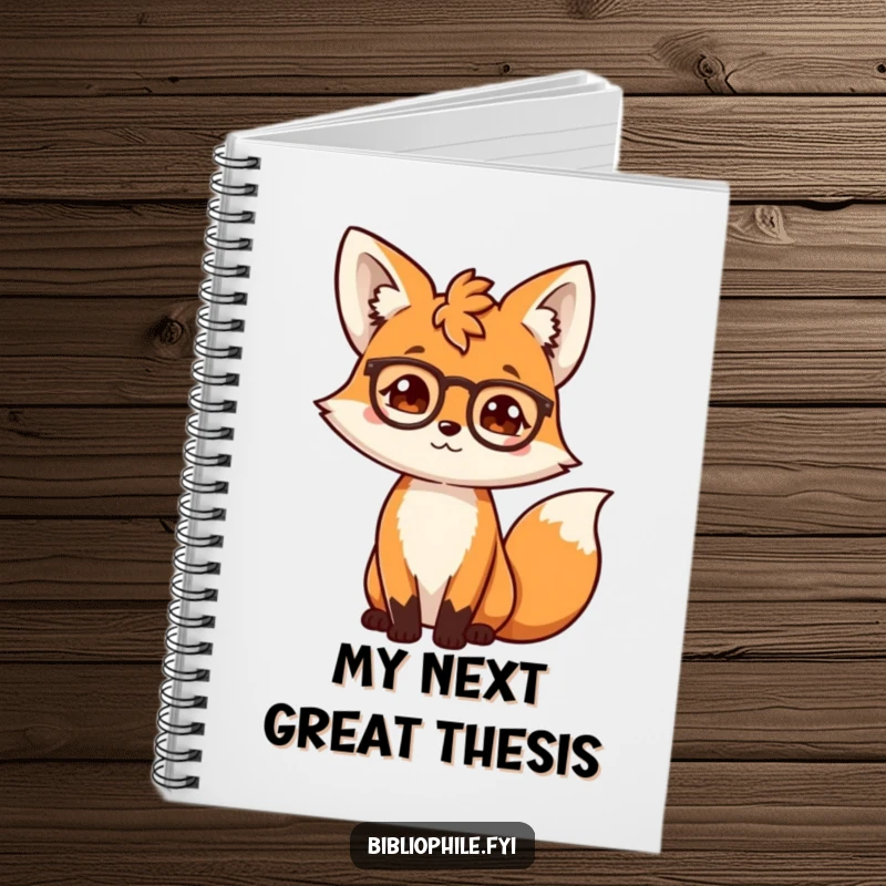 Funny fox character with spectacles, looking intelligent, on the cover of a notebook for creative writing.