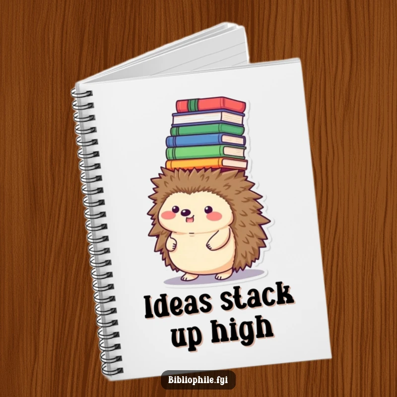 Funny hedgehog notebook, balancing a tower of books on its head, perfect for organizing funny gift.