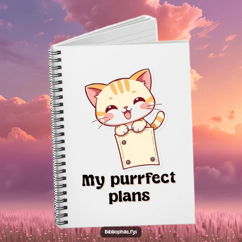 Funny kawaii cat character playfully pouncing near a bookmark, designed on the cover of a cute and humorous notebook.