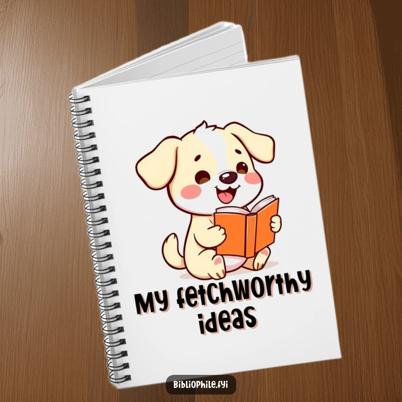 Funny kawaii dog wagging its tail excitedly while holding a storybook, featured on the cover of a cute and humorous notebook.