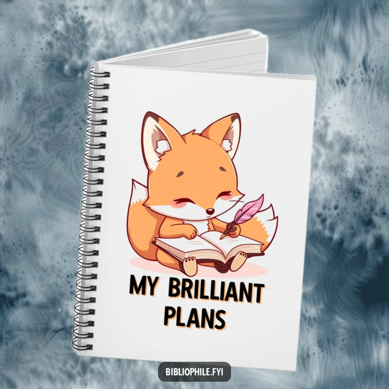 Funny kawaii fox character writing in a journal with a quill, featured on a charming notebook.