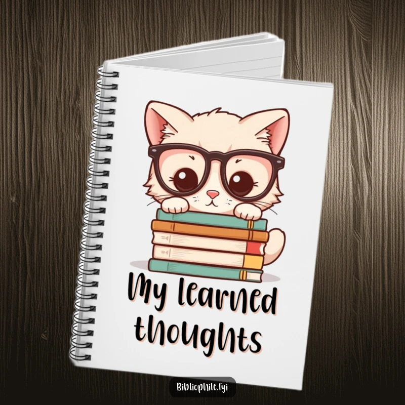 Funny notebook cover illustrated with a kawaii kitten wearing glasses, peering at a stack of novels, great for journaling.