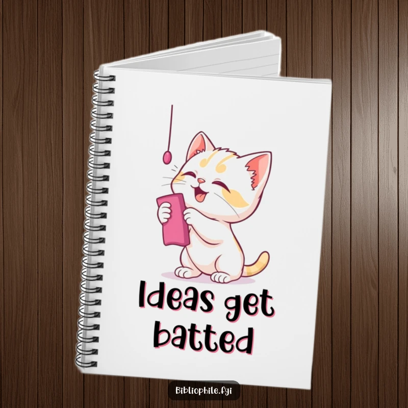 Funny kitten notebook with a playful character batting at a bookmark, perfect for writing and creativity.