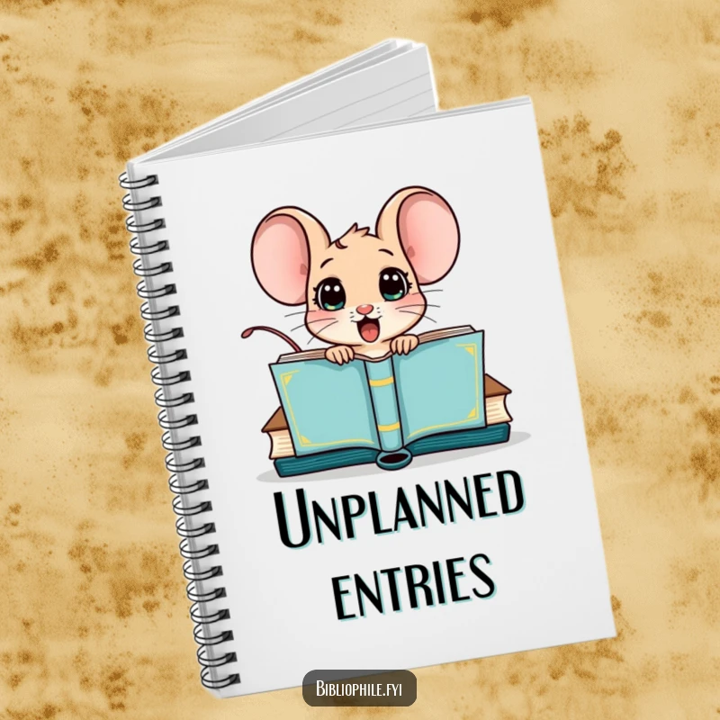 Funny notebook with a surprised mouse character popping out of a book cover, perfect for journaling or note-taking.