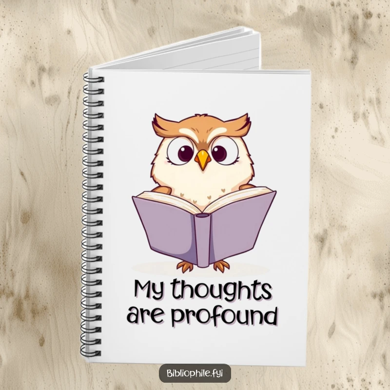 Funny notebook with a cute owl character enthusiastically turning pages of a book, perfect for journaling reading adventures.