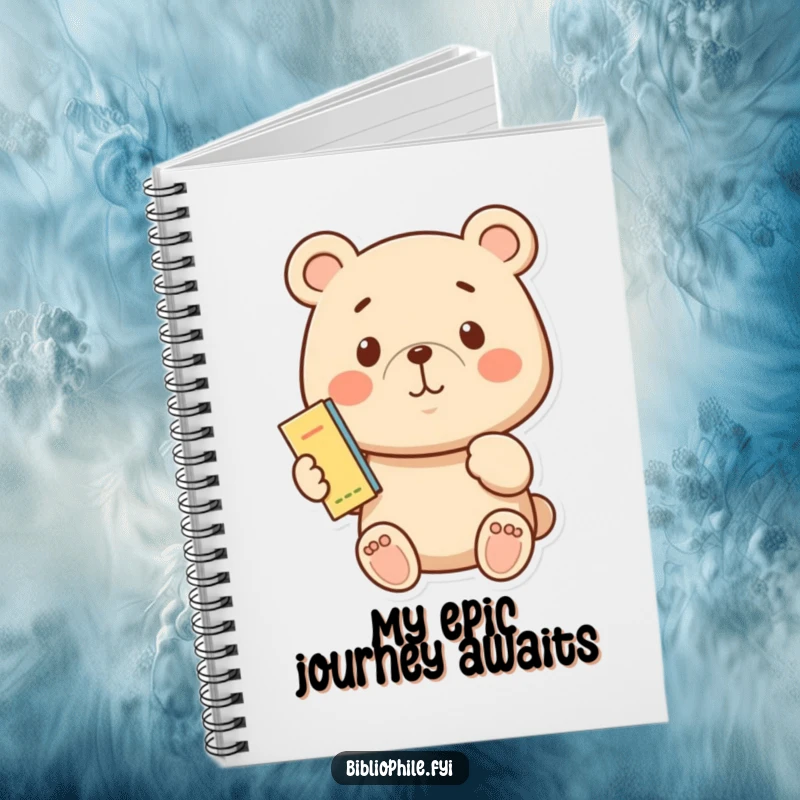 Funny bear character holding a bookmark on the cover of a notebook, ideal for writing and note-taking.