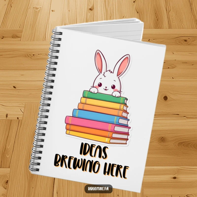 Funny rabbit peeking over books on a notebook cover, encouraging curiosity and writing with humor, a great funny gift.
