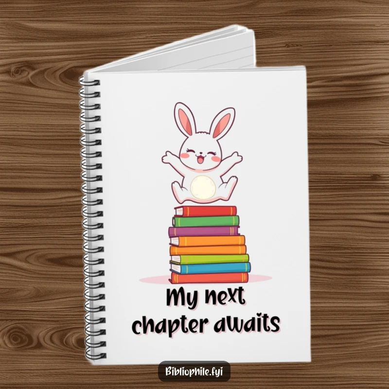 Cheerful rabbit joyfully leaping over a stack of colorful storybooks on a notebook cover.