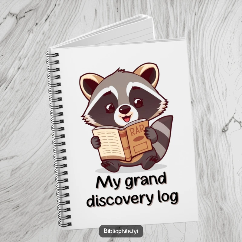 Funny Raccoon Notebook featuring a cute raccoon character excitedly showcasing a newly discovered rare book, ideal for jotting down notes.