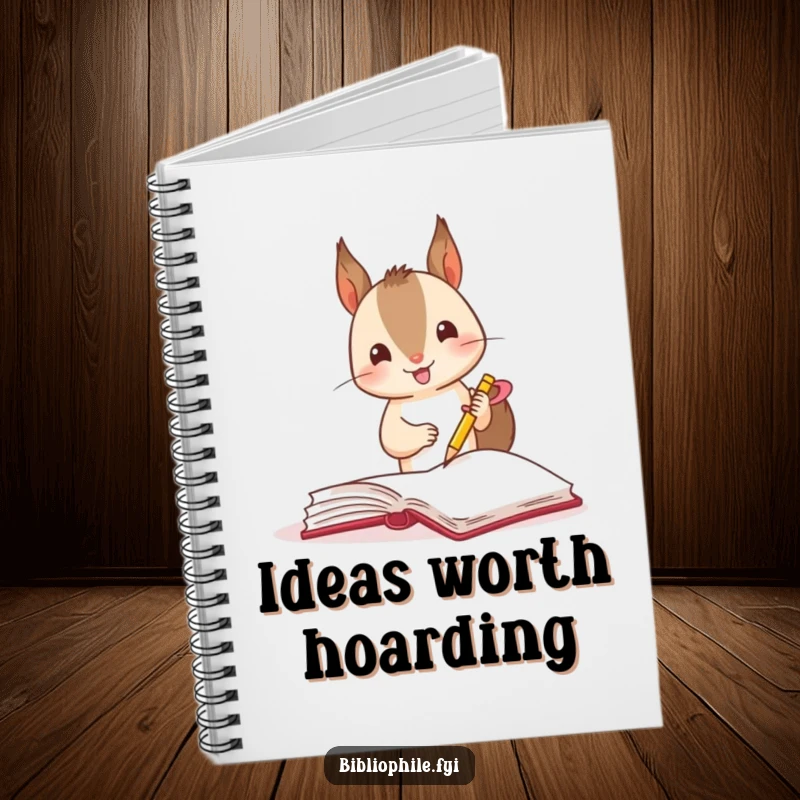 Funny squirrel marking a book page with a ribbon, on the cover of a lined notebook.