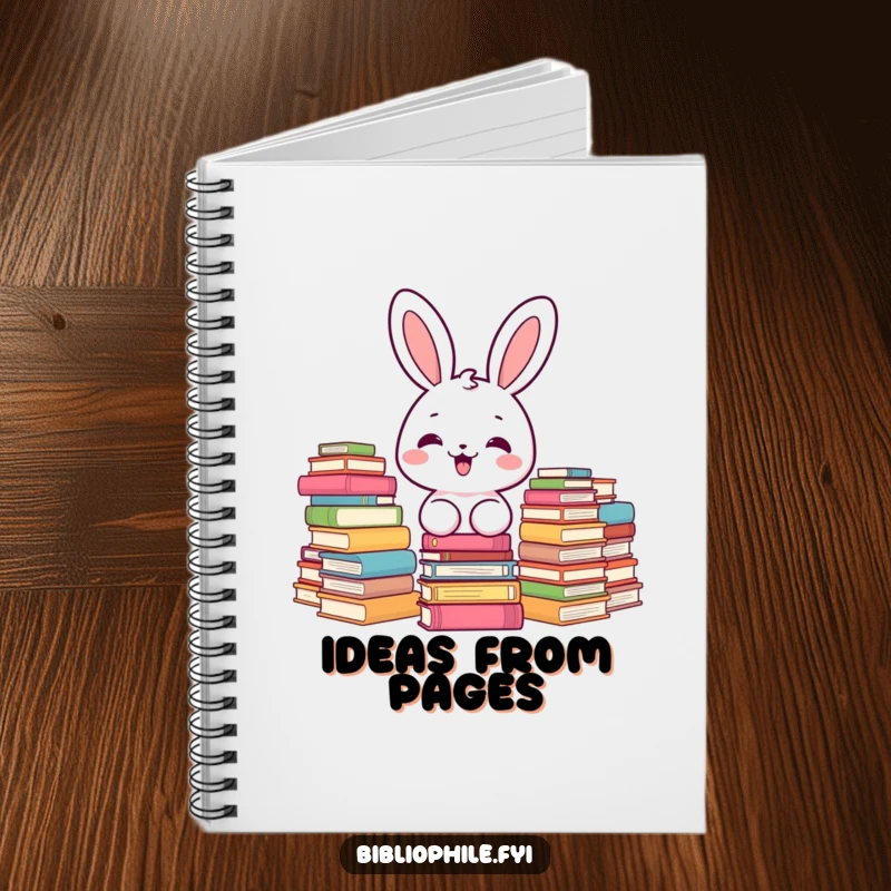 Funny kawaii bunny character delighted by stacks of books, featured on a charming notebook.
