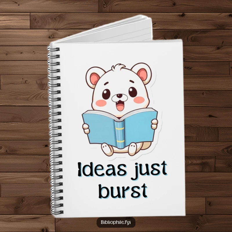 Funny notebook cover showing a cute animal with a surprised face holding a pop-open book, ideal for journaling.