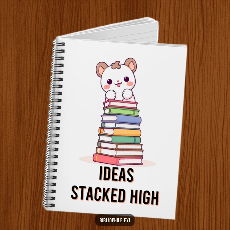 Funny notebook cover illustrated with a cute animal character joyfully stacking books into a tower, great for journaling.