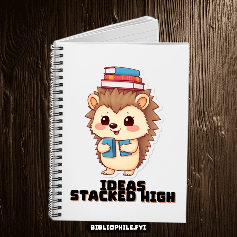 Funny notebook with a playful hedgehog balancing books on its head, perfect for journaling and note-taking.