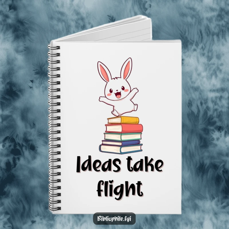 Funny notebook with a cute rabbit character enthusiastically leaping over a stack of novels, perfect for journaling adventures.