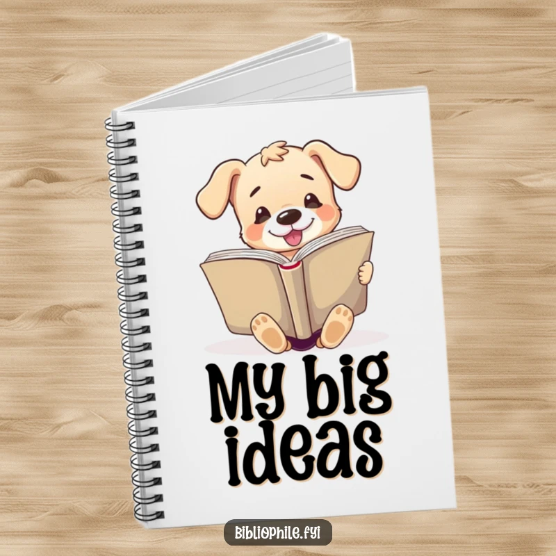 Funny notebook cover illustrated with a cute puppy character enthusiastically reading a huge open book, great for journaling.