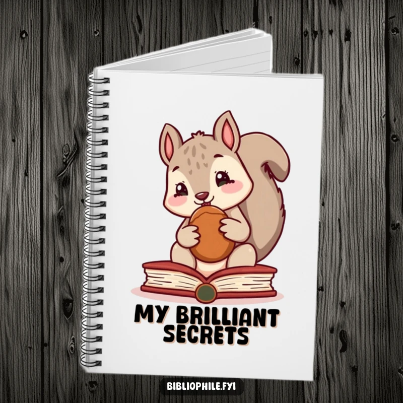 Funny notebook with a cute squirrel character hiding a nut inside a book, great for journaling and notes.