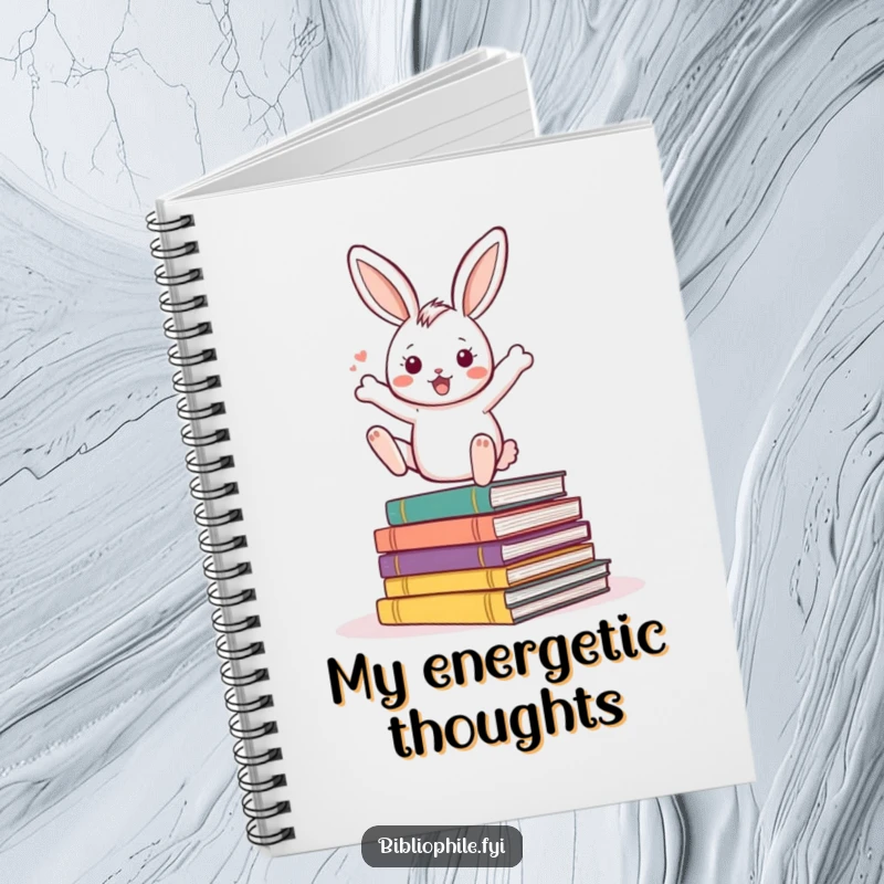 Funny Rabbit Notebook featuring an energetic rabbit character bouncing excitedly on a pile of storybooks, ideal for writing.