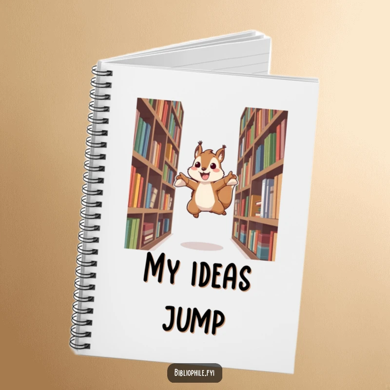 Funny notebook with an energetic squirrel character leaping between bookshelves, perfect for journaling thoughts and capturing lively ideas.