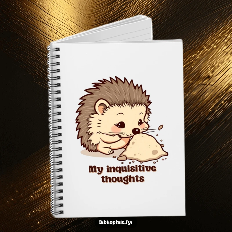 Funny notebook with a curious hedgehog character sniffing a dusty tome, perfect for journaling thoughts and capturing intellectual discoveries.