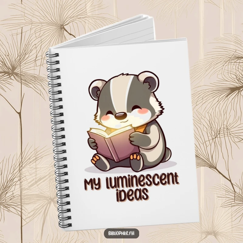 Funny badger reading a glowing book, on the cover of a lined notebook, inspiring creativity.