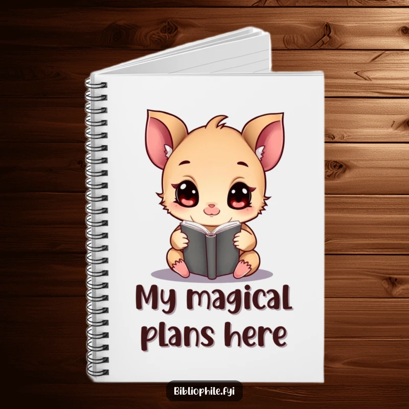 Funny tiny creature with wide eyes on the cover of a notebook, engrossed in a magical tome.